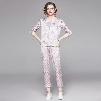 Runway Two Piece Outfits for Women Elegant Office Rose Print Short Jackets Coat + Long Pants 2 Pieces Sets