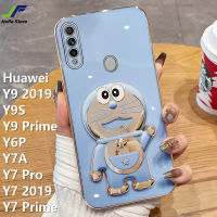 JieFie Doraemon เคสโทรศัพท์สำหรับ Huawei Y9 2019 / Y9S / Y9 Prime / Y7A / Y6P / Y7 Pro / Y7 2019 / Y7 Prime การ์ตูนตุ๊กตาน่ารักวงเล็บชุบโครเมี่ยมฝาครอบโทรศัพท์เนื้อนิ่ม TPU + ขาตั้ง