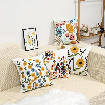 Cotton Canvas Floral Embroidered Cushion Cover 45*45 Countryside Stely Ornamental Pillow Case for Living Room Luxury Home Decor