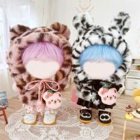 20cm Doll Clothes Plush Hoodies Cute Ear Leopard Print Doll Tops Fur Coat For Idol Dolls Accessories Cos Suit Dollhouse Kids Toy