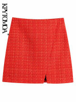 KPYTOMOA ashion With Print Lining Front Slit Tweed Mini Skirt Vintage High Waist Side Zipper Female Skirts Mujer