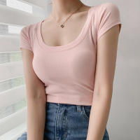 Summer Multicolor Short Sleeve Tops T-shirt Woman Korean Fashion Casual Square Neck Slim Soild Cotton Basic Tee Shirt Female