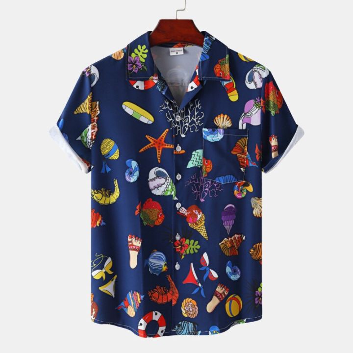 เสื้อฮาวายฤดูร้อนสำหรับผู้ชาย22-23ใบไม้เขตร้อนพิมพ์ลายบล็อกสีวันหยุดชายหาดสินค้าสั่งทำ
