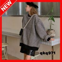 qkq971 Sweaters &amp; Cardigans For Women,Korean Version Of The Round Neck Printed Houndstooth Ins Loose Large Size Plus Velvet Sweater