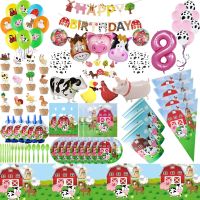 ◘✒ Farm Animals Theme Kids Birthday Party Decoration Pigs Sheep Cow Balloon Plate Cup Napkin Banner For Baby Shower Party Supplies