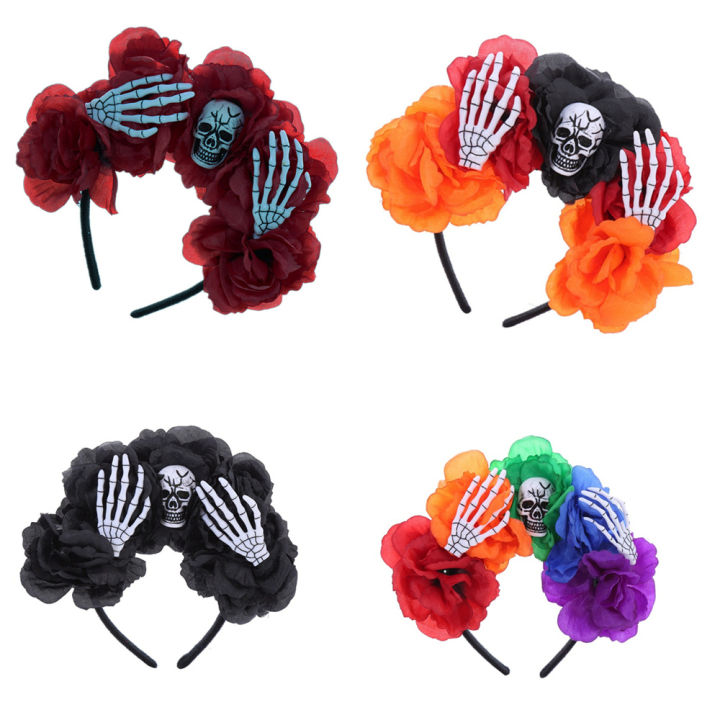 dark-flower-crown-sugar-skull-hairband-floral-skull-headpiece-gothic-rose-headband-day-of-the-dead-hair-accessories