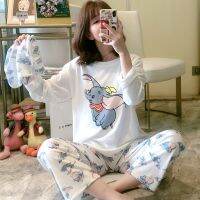Autumn Winter Disney Dumbo Cute Kawaii Pjamas for Women Home Suits White Long Sleeve Tshirt and Print Trousers Pajamas for Sleep