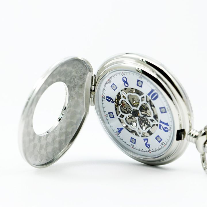 ชุดคอลเลคชั่นนาฬิกากระเป๋ากลไกสีเงินแฟชั่นลำลองแสดงตัวเลขโรมันจี้นาฬิกา-jam-rantai