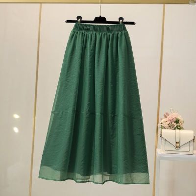 กระโปรงบานผ้าชีฟองสำหรับสตรีเสื้อผ้าแข็งแน่นสไตล์เกาหลีทรงเอเอวสูงใหญ่แบบลำลองสำหรับสตรีฤดูร้อน