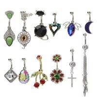 Trendy Surgical Steel Crystal Zircon Cat Waterdrop Tassel Cherry Blossoms Dangle Button Navel Piercing Ring Belly Ri