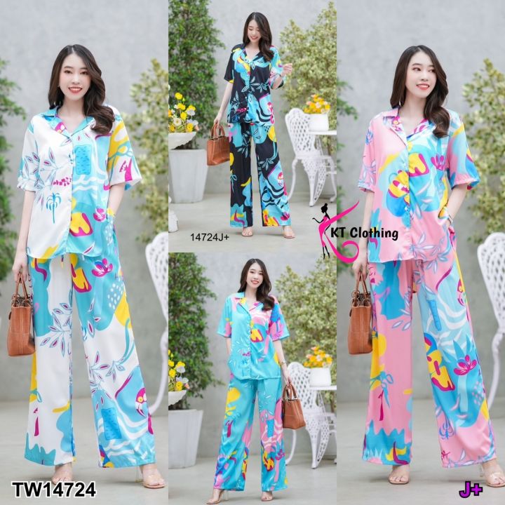 tw14724-set-2-ชิ้น-เสื้อเชิ้ตฮาวายคอปก-แขนสั้น-กระดุมหน้า-กางเกงขายาว