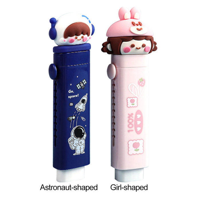 2pcs-students-school-supplies-refills-push-pull-with-replacements-rubber-writing-portable-drawing-kids-party-favors-cute-cartoon-astronaut-girl-retractable-eraser-pen