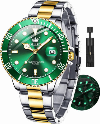 OLEVS Watches for Men with Date Luxury Big Face Waterproof Mens Wristwatch Analog Dress Two Tone Stainless Steel Man Watch Luminous Relojes De Hombre Calendar(Green/Blue/Black Dial Gold Green