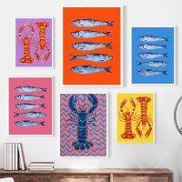 สีสัน Sardine Lobster Fish Ocean สัตว์โปสเตอร์ภาพวาดผ้าใบ Vintage Wall Art สำหรับห้องครัวห้องนั่งเล่นตกแต่งบ้าน