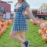 2022 Retro Women Gingham Plaid Mini Dress Sexy Elastic Short Puff sleeve Cross Lacing up Back Backless Party Dresses Green Blue