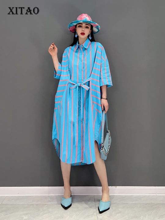 xitao-striped-shirt-dress-fashion-bandage-dress-wmd5205