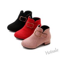 【hot sale】 ⊕ C19 3-12 Years Girls High Heels Martin Boots Kids Red Fashion Suede Boots Black Single Shoes British Style