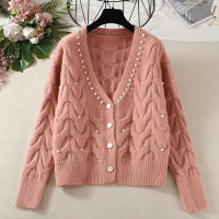 Women Knitted Cardigan Autumn Winter Long Sleeve V Neck Single Breasted Sweater Outwear Elegant Sweet Beading Slim Sweater Femme