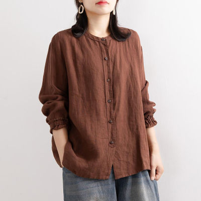 [Spot] artistic retro spring and autumn cotton and linen shirt Womens loose round neck shirt coat casual outside 2023