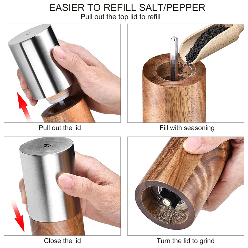 Kitchen Spice Mill with Adjustable Coarseness Ceramic Core & Easily Refillable Acacia Wood Manual Peppercorns Pots Shakers Kit for Himalayan Salt Dried Herb Salt and Pepper Grinders Set Wooden