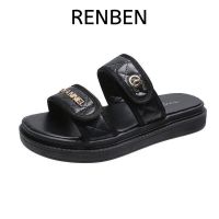 ♈✺ RENBEN เลียนแบบชื่อใหญ่รองเท้าแตะแฟชั่นผู้หญิง แบบติดเทป รองเท้าแตะแบบสวม สีดำ สีขาว พื้นนุ่มพิเศษ น้ำหนักเบา