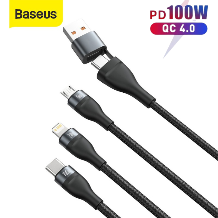 Cáp sạc nhanh 3 đầu 100w  Baseus lightning type c micro usb - dây sạc  3 in 1 dài  cho iphone samsung xiaomi,...vv - vienthonghn 