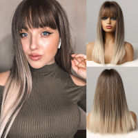 LOUIS FERRE Long Silk Straight Synthetic Wigs with Bangs Ombre Light Blonde Dark Root Heat Resistant Hair Wig For Black Women