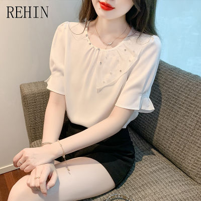 REHIN เสื้อสวมหัวติดลูกปัดแฟชั่นคอกลมสำหรับผู้หญิง,เสื้อสวมหัวทรงหลวมฉบับภาษาเกาหลีลดอายุเสื้อเสื้อผู้หญิงแขนสั้นผ้าชีฟองสำหรับฤดูร้อน