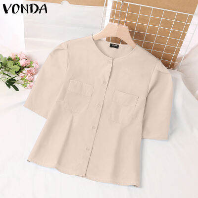 (จัดส่งฟรี)Fancystyle VONDA ผู้หญิงเสื้อธรรมดาที่เรียบง่ายสบายๆรอบคอแขนสั้นปุ่มเสื้ออเนกประสงค์ #2