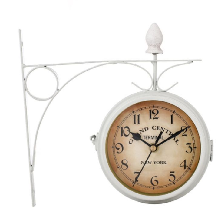 สไตล์ยุโรปวินเทจนาฬิกานวัตกรรมแฟชั่นนาฬิกาแขวนสองด้านโบราณรอบแขวนผนังสถานีนาฬิกาสีดำ-ขาว