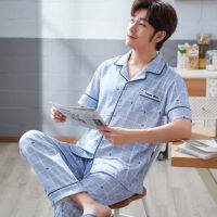 Mens Cotton Sleepwear Set Loungewear Men Sleep Shirt Trousers Plaid pijama hombre invierno Winter Man Pajamas for Men