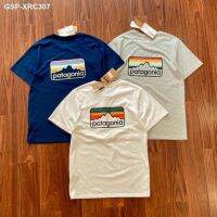 Patagonia ผ้าฝ้ายคู่พิมพ์ลายภูเขาสี่เหลี่ยมด้านหลังแบบอเมริกัน45868แขนเสื้อแขนสั้นคอกลม