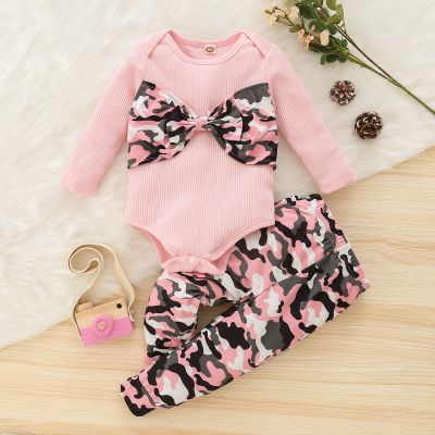 [COD] European and suits one piece on behalf of 2021 new round neck camouflage bow two-piece set girls autumn suit