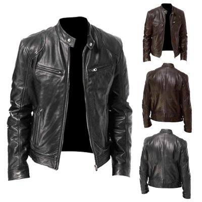 ZZOOI 2022 New Mens Slim Fit Oversize Leather Jacket Clad Chain PU Leather Motorcycle Clothes Korean Fashion Mens Wear Brown