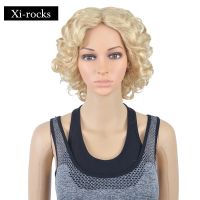 3084 Xi.Rocks 12 Short Curly Blonde Wigs With Parting Bangs Fluffy Afro Gold Synthetic Wig For Women Grandma Hairstyle