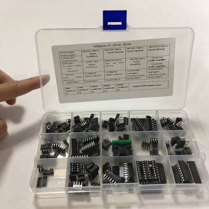 ic-chip-assortment-150pcs-opamp-oscillator-pwm-pc817-ne555-lm358-lm324-jrc4558-lm393-lm339-ne5532-incl-sockets