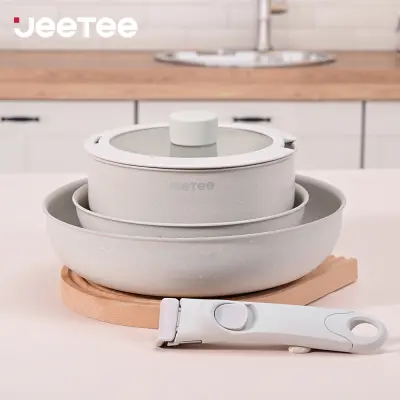 JEETEE 3 PCS Detachable-Handle Non-Stick Induction Cookware Set Oven Safe Pots and Pans Kitchen Cooking Ware Set 20CM Frying Pan & 26CM Frying Pan + 18CM Saucepan with Cover