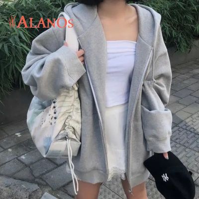 ALANOS Women Couple Hoodies Sweatshirt Zip-up Cotton Solid Oversized Sports Outfit Spring Winter Casual Loose Womens Clothing