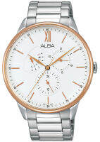 นาฬิกาข้อมือ ผู้ชาย ALBA PRESTIGE รุ่น AZ8002X ขนาดตัวเรือน 42.5 มม. หน้าปัดสีขาว ขอบสีพิงค์โกลด์ มี วัน และวันที่ Quartz 3 เข็ม ตัวเรือน และ สาย Stainless steel สีเงิน