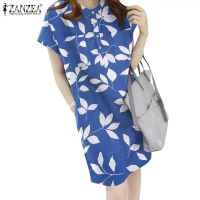 ✓❈ ZANZEA Women Korean Casual Loose Short Sleeve Pocket Print Dress