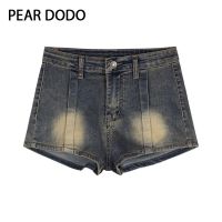 PEAR DODO กางเกงยีนส์เกาหลีทรงตรงสำหรับผู้หญิงกางเกงยีนส์วินเทจ Celana Pendek Denim เกาหลี