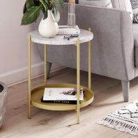 Alexis White Faux Marble with Gold Brass Metal Frame Round End Side Table Edge Corner Guards