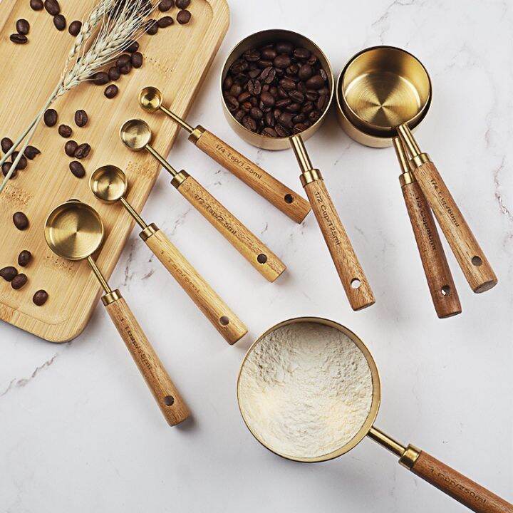 Stainless Steel Measuring Cups Spoons Set Wood Handle Measuring Spoon ...