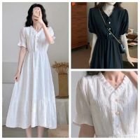 COD DSFGRDGHHHHH BUBBLE POP French Retro Plus Size S-2xl Summer short sleeve Button Off v Neck dress Trim Front Fairy Long sleeve White Dress Ruched Hem