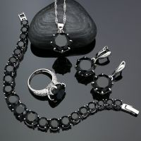 Punk Silver Jewellery Silver 925ชุดเครื่องประดับสำหรับผู้หญิง Black Cubic Zirconia ต่างหูจี้สร้อยคอแหวนสร้อยข้อมือ