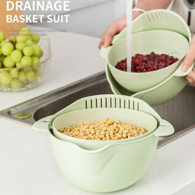 【CC】♙  Manufacturers direct kitchen supplies washing basket wheat double-layer rotating drain multi-functional fruit