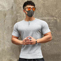 （Ready Stock）? 2023 Spring And Summer New Mens Sports Leisure Fitness Exercise Heavy Cotton Elastic Solid Color Light Board Short-Sleeved T-Shirt YY