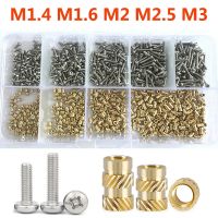 M1.4 M1.6 M2 M2.5 M3 M4 kuningan panas meleleh Insert kacang Knurled dan 304 sekrup baja tahan karat Set panas Knurled benang tembaga