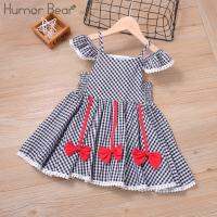 Humor Bear Summer Girls Plaid Dress Bow Lace Sling Sleeve Student Dress Party Princess Baby Kids Clothing