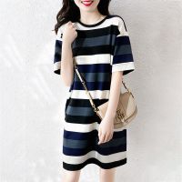 Rainbow Bridge 2020 summer new fashion loose large size cover meat short-sleeved printed mid-long striped dress women